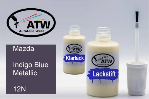 Mazda, Indigo Blue Metallic, 12N: 20ml Lackstift + 20ml Klarlack - Set, von ATW Autoteile West.